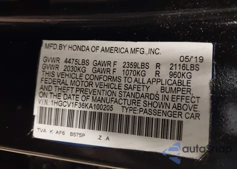 2019 Honda Accord Sport from USA, damaged, VIN 1HGCV1F36KA100205